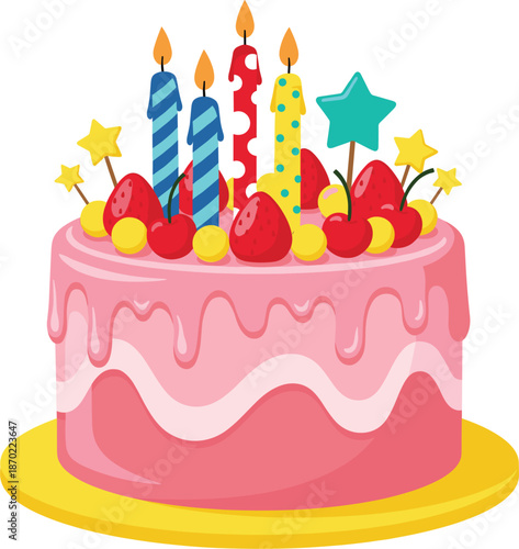 Colorful birthday cake vector illustration with pink drip frosting and lit candles for festive party invitation card designs.