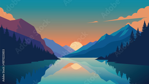 Colorful Mountain Lake Sunrise with Reflection and Pine Forest Vector Illustration