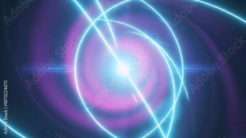 An mesmerizing abstract animation features vibrant neon blue light trails elegantly weaving and orbiting around a central bright white light source against a dynamic purple and dark background. The gl
