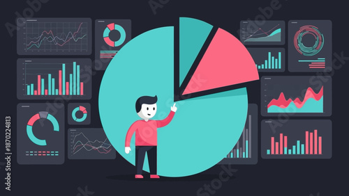 Data analysis with pie chart and graphs.