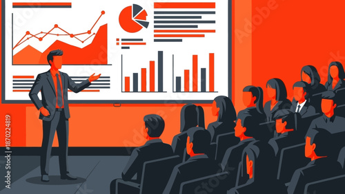 Businessman presenting financial data to office team.