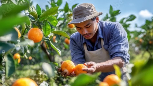 Orchard Worker Inspecting Oranges in Sunlight: A Fruitful Harvest Scene