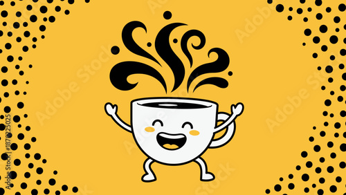 Happy Coffee Cup Character Dancing with Steam.