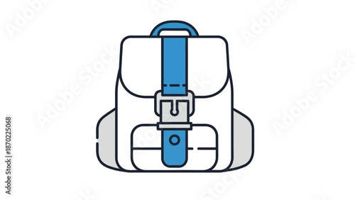 white backpack with blue straps and buckle.