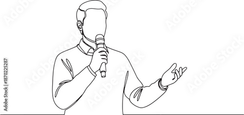 Man speaking into microphone, minimalist continuous line art vector.