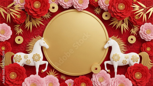 Chinese New Year Lunar New Year of the Horse with golden round frame adorned with intricate white horses, auspicious coins, and vibrant red and pink floral decorations on a textured red background
