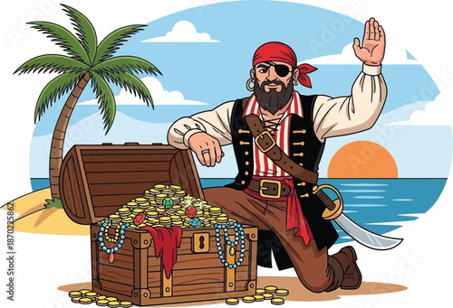 Cartoon vector illustration of a pirate with a treasure chest and people playing guitar music as a woman creates art in this drawing