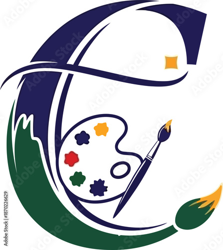 Vector illustration of a cartoon artist painting a globe design with a brush to create a world travel concept symbol