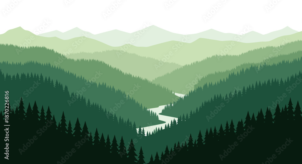Fototapeta premium Scenic illustration of layered green mountains with a winding river and dense pine forest in the foreground.
