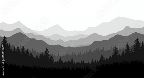 Monochrome illustration of layered mountain landscape with pine trees and misty atmosphere.