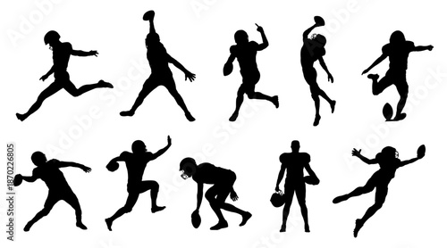 Collection of American football player silhouette vectors, American football player silhouettes on white background