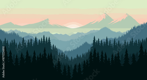 Serene mountain landscape with pine forest and sunrise in soft pastel colors.