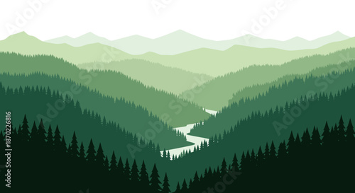 Scenic illustration of layered green mountains with a winding river and dense pine forest in the foreground.