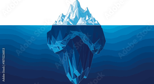 Large iceberg floating in deep blue ocean with most of its mass underwater.