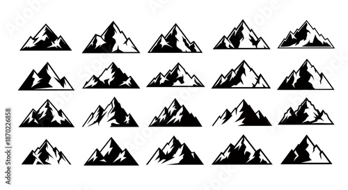 Set of black and white mountain silhouette icons in different styles and shapes.