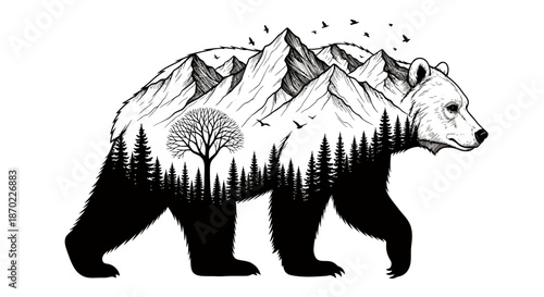 Double exposure illustration of a bear with mountains, forest, and birds in black and white style.