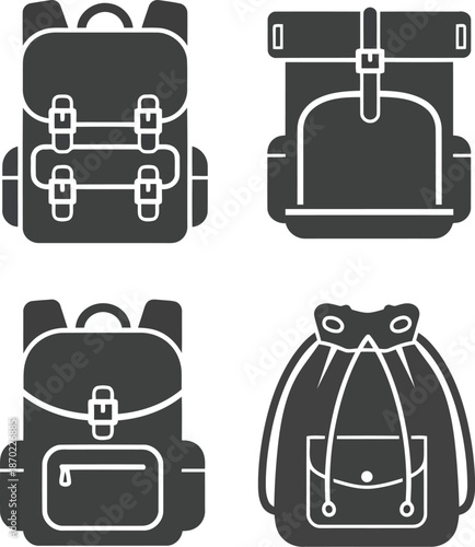 Collection of diverse backpack icons for outdoor adventures travel and hiking gear vector graphics vector