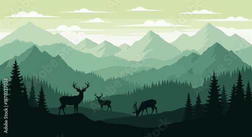 Silhouetted deer in a tranquil forest landscape with mountains in the background.