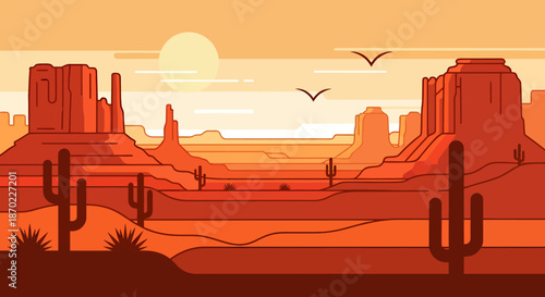 Desert landscape illustration with cacti, mesas, and birds at sunset in warm orange tones.