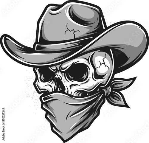 Vector illustration of a cartoon cowboy character head wearing a black hat with a mustache and skull icon for a Halloween costume design symbol