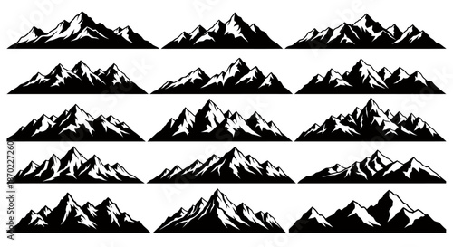 Set of hand-drawn mountain silhouettes in black and white for design and illustration.