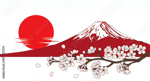 Illustration of Mount Fuji with cherry blossoms and a red sun in the background.