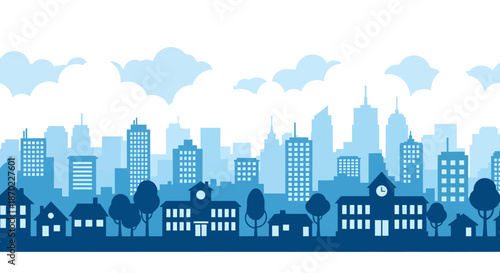 Illustration of a modern city skyline with various buildings, trees, and clouds in the background.