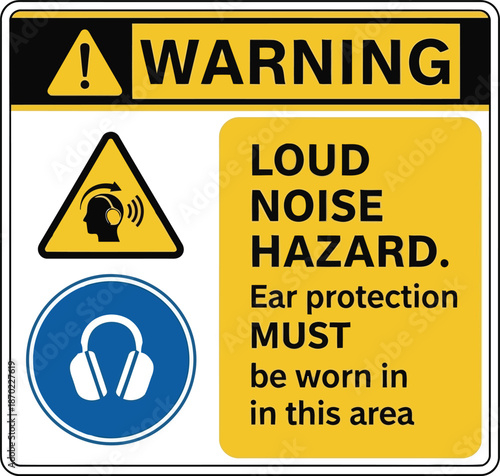 Warning loud noise hazard ear protection must be worn safety sign vector