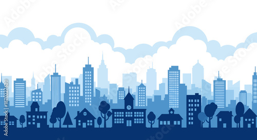 Blue silhouette illustration of a city skyline with buildings, trees, and clouds in the background.