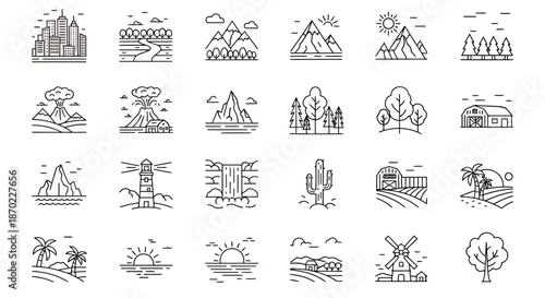 Set of minimal linear icons representing various natural and man-made landscapes and environments.