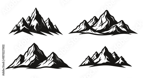Set of four stylized mountain range illustrations with black and white shading.