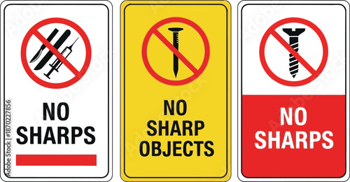 Safety signs prohibiting sharps objects and medical waste no needles caution warning vector