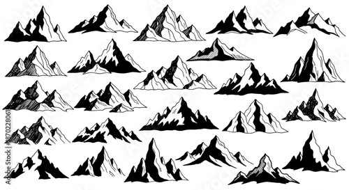 Collection of hand drawn mountain illustrations in black and white style.
