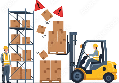 Forklift operator working safely in warehouse moving cargo boxes stacked high vector
