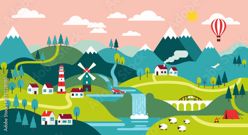 Colorful countryside landscape with mountains, river, windmill, and village houses on a sunny day.