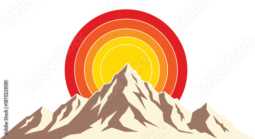Vector illustration of mountain peaks with a stylized colorful sun in the background.