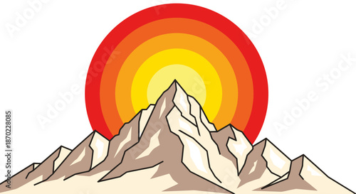 Illustration of mountain peaks with a vibrant red and yellow sunrise in the background.