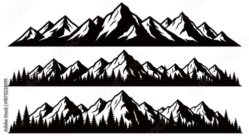 Three rows of stylized black and white mountain range silhouettes with trees in vector illustration.