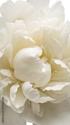 Close-up of a fully bloomed white flower with layered petals, soft details and a light hue