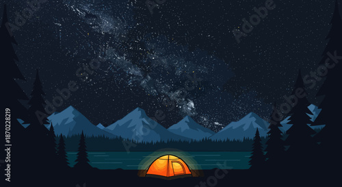 Night camping scene with glowing tent under starry sky and mountain landscape illustration.