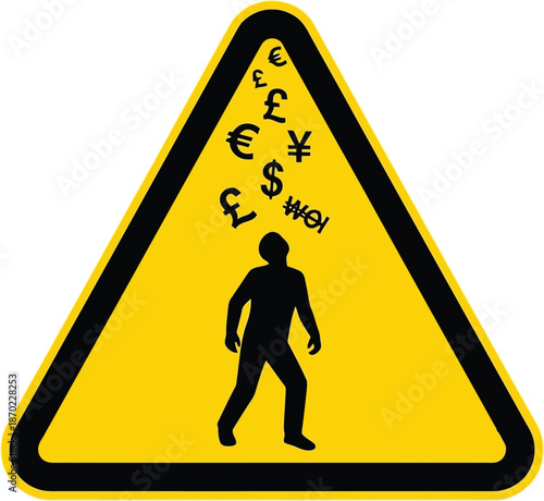 Financial danger alert person under falling currency symbols warning sign caution symbol vector