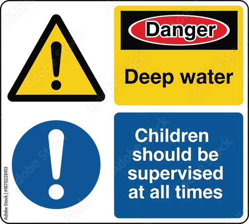 Safety warning signs deep water danger children supervised caution alert symbols hazard symbols vector