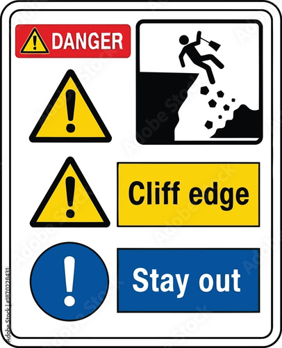 Safety warning sign danger cliff edge stay out hazard alert caution symbol attention risk prevention vector