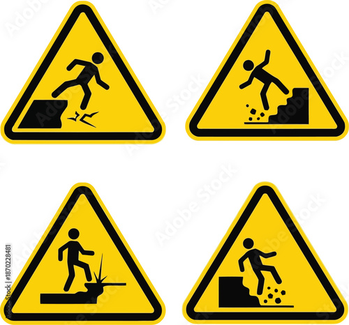 Set of 4 yellow warning signs falling hazard danger safety alert symbols vector