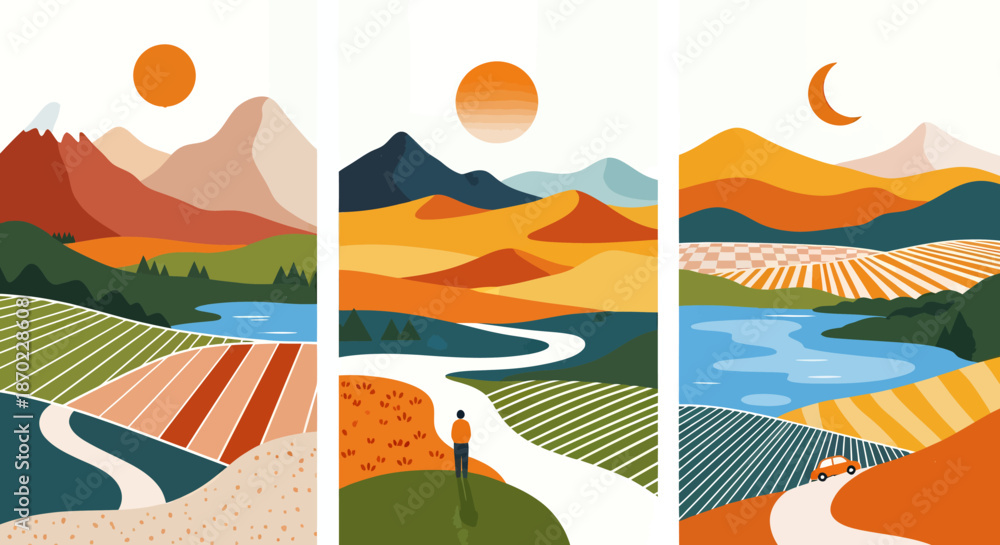 Fototapeta premium Colorful abstract landscape illustration with mountains, rivers, fields, and a person enjoying nature.