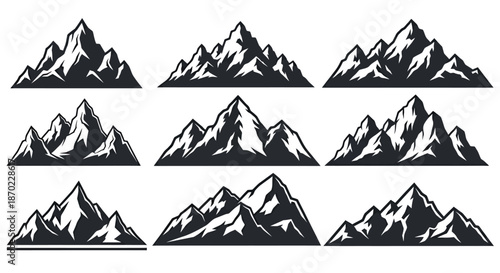 Set of nine stylized mountain range illustrations in black and white on a white background.