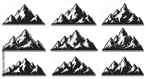 Set of nine black and white stylized mountain range illustrations with snow peaks.