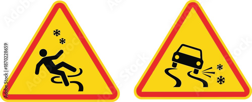 Cautionary road safety signs slippery surface person falling vehicle skidding hazard warning vector