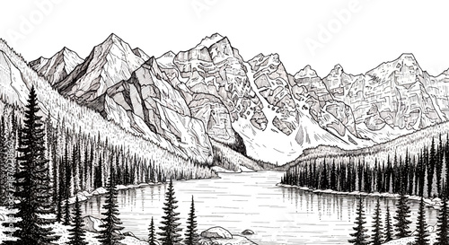 Detailed black and white hand drawn illustration of a mountain landscape with pine trees and a lake.