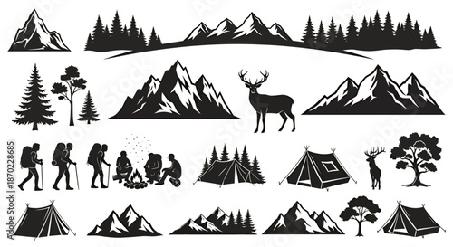 Collection of outdoor camping and hiking silhouette illustrations with mountains, trees, tents, and people.